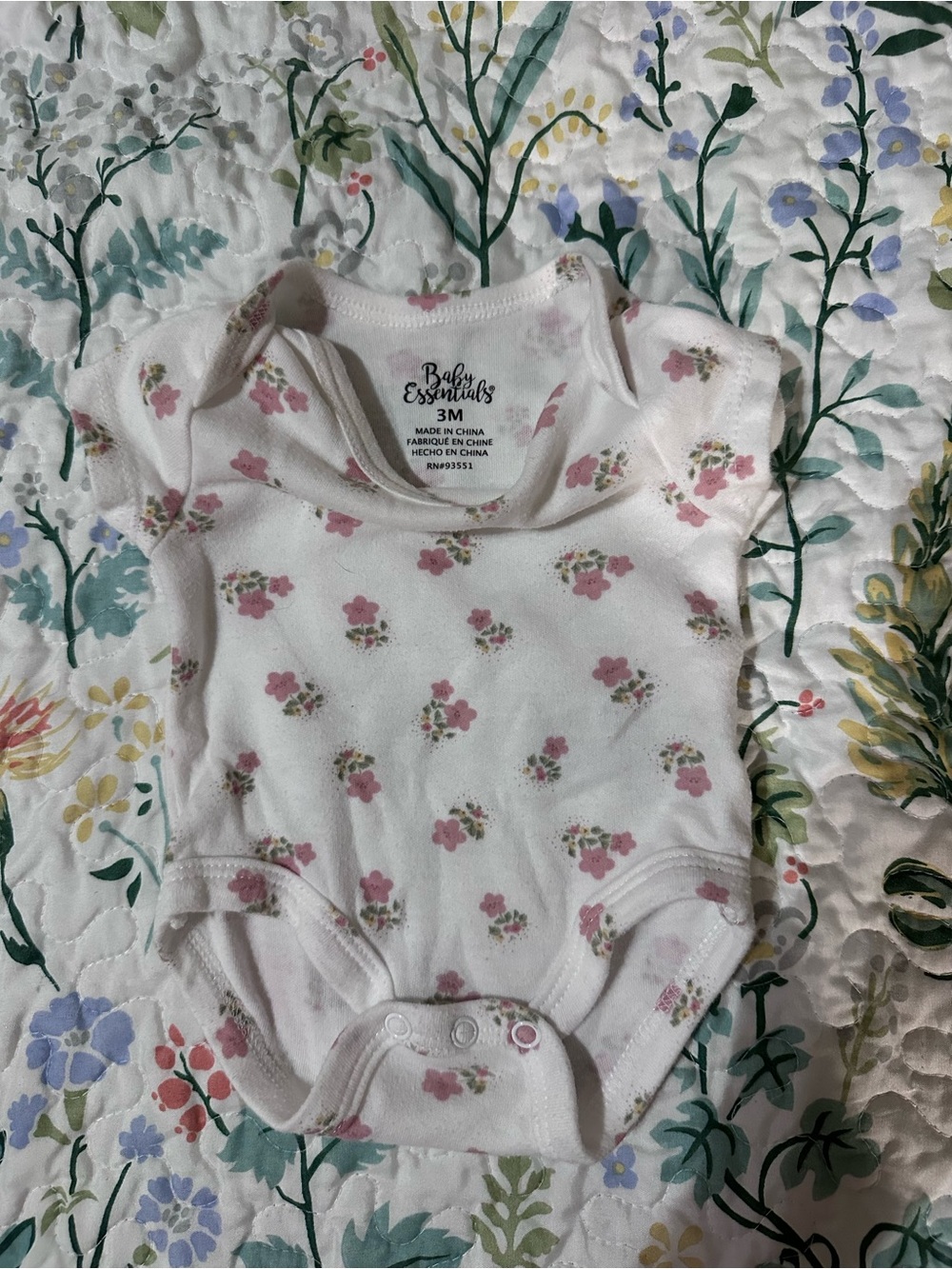 Baby Essentials White Floral One-Piece Bodysuit - Pink Flowers, 3M